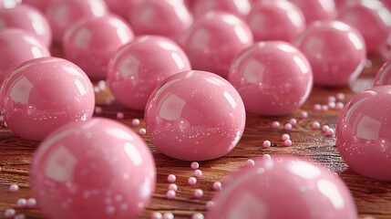 Poster -   A wooden table adorned with pink balls and sprinkles on top of a wooden surface