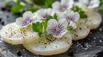 Canvas Print -   A close-up of a plate with broccoli florets and edible flowers on top