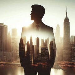 Silhouette of a man in a suit against the background of a big city.