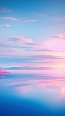 Wall Mural - Clear blue sky sunset with glowing pink and purple horizon on calm ocean seascape background. Picturesque 4k video sunset landscape