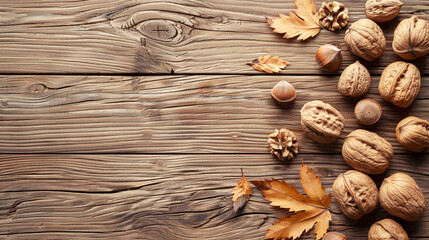 Wall Mural - Close-up overhead shot of walnuts and hazelnuts on rustic wooden table with fallen autumn leaves with copy space