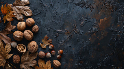 Wall Mural - Top-down view of dark wooden table with scattered walnuts and autumn leaves