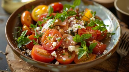 Wall Mural - healthy tomato salad with tuna and feta, food photography, 16:9