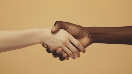 Two diverse hands shaking in a gesture of unity and agreement. Symbol of friendship, cooperation, and partnership. Close-up shot on a neutral background.