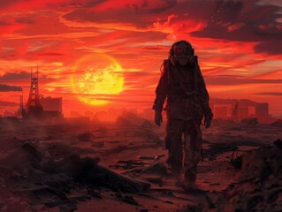 Survivor in a gas mask and tattered clothing wandering through a barren wasteland, with remnants of civilization scattered around and a reddish, ominous sky overhead 