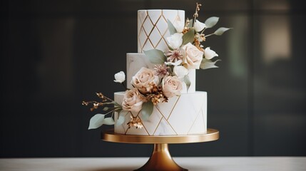 Modern minimalist wedding cake with geometric patterns and gold accents 