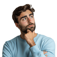 Thoughtful attractive man think deeply about something, Uncertain with doubt leaning chin on hand and thinking