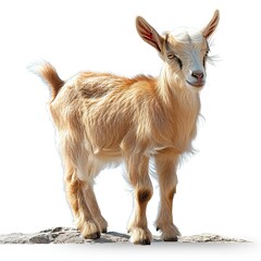 Wall Mural - a light brown goat standing in front of a white background.45 degrees standing with head to the right. Hyper-realistic. Photo realistic
