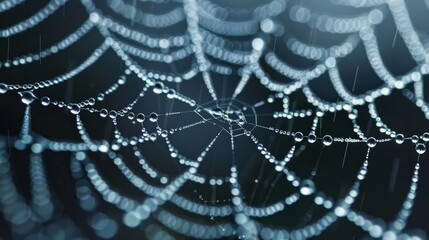 A spider web adorned with dew droplets in the early morning light.

