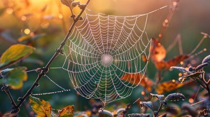A spider web adorned with dew droplets in the early morning light.

