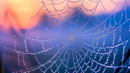 A spider web adorned with dew droplets in the early morning light.

