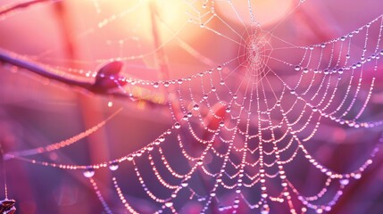 A spider web adorned with dew droplets in the early morning light.

