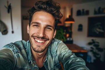 Happy handsome young man taking selfie at home - Guy smiling at camera, Generative AI