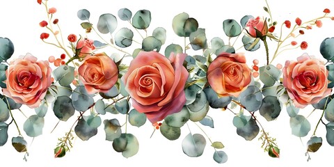 Canvas Print - Watercolor rose floral set with abstract eucalyptus branches and small flowers on white background. Concept Watercolor Art, Floral Design, Rose Illustration, Eucalyptus Branches, Abstract Flowers