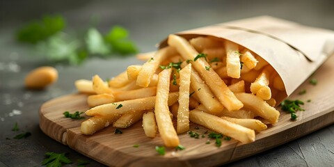 Wall Mural - Crispy golden fries served in a paper bag on a rustic wooden board under warm lighting. Concept Food Styling, Comfort Food, Golden Crispy, Rustic Setting, Warm Lighting