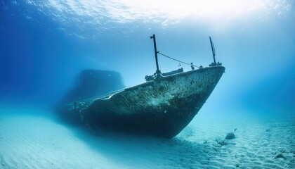 Sunken damaged ship at the bottom of the sea