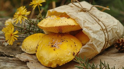 Wall Mural -   A group of mushrooms resting on paper near pine cones and flowers