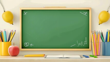 Minimalist flat design of a green chalkboard with a welcome Back To School message, representing the Back To School concept, with room for text