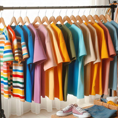 Colorful T-Shirts Hanging on Clothes Rack