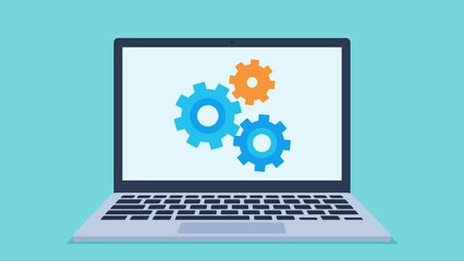 Animation of a laptop with gears appearing on it. The gears start turning. Flat design video clip.