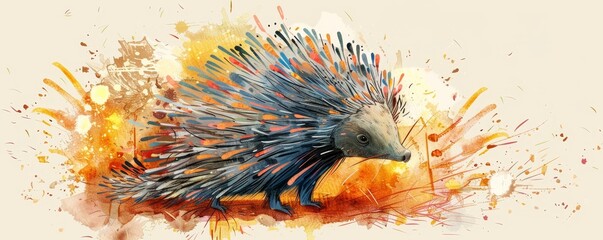 Watercolor Illustration of a Porcupine with Colorful Spines on a Light Background