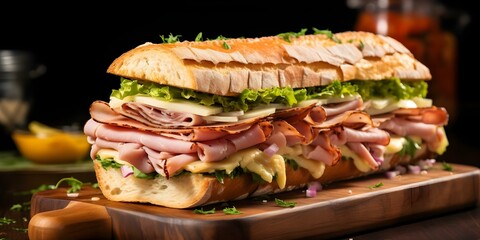 Wall Mural - Baguette Sandwich with Ham and Lettuce. Concept # Recipe, # Baguette, # Sandwich, # Ham, # Lettuce