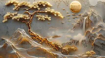 Wall Mural - volumetric stucco molding on a concrete wall with golden elements, japanese landscape, waterfall, mo