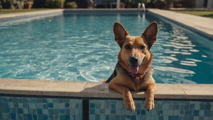 Wall Mural - Whimsical illustration, Dog enjoying a vacation day by the swimming pool.