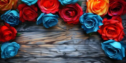 Wall Mural - Elegant 3D floral fashion cards showcasing colorful roses on a wooden backdrop. Concept 3D floral fashion, Colorful roses, Wooden backdrop, Elegant cards, Showcase