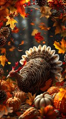 Poster - A turkey standing next to a pile of pumpkins, with leaves falling all around