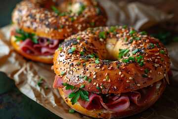 Wall Mural - bagel with cream cheese and ham