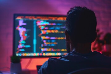 Man seated in front of computer, code displayed on screen
