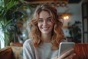 Poster - Happy woman checking phone at cafe