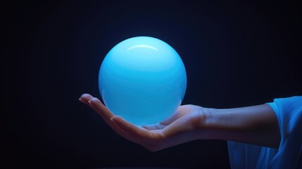 Wall Mural - hand of fortune teller with crystal ball isolated on black background, glowing light effect, white and blue color gradient