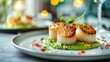 © AEIOU - Indulge in exquisitely seared scallops with pea puree and crispy pancetta in an elegant restaurant setting. Fine dining experience under soft lighting.