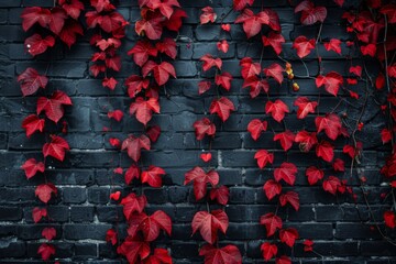 Sticker - Red leaves black brick wall black background