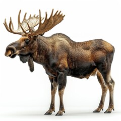 a photograph of a bull moose standing proudly with nose in the air on a white background