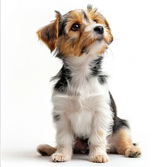 Wall Mural - a pure white background with a dog sitting on its hind legs and facing-forward towards the camera lens