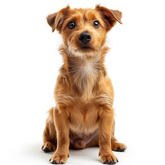 Wall Mural - a pure white background with a dog sitting on its hind legs and facing-forward towards the camera lens