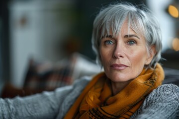 Wall Mural - Woman with blonde-gray hair and yellow scarf in chair