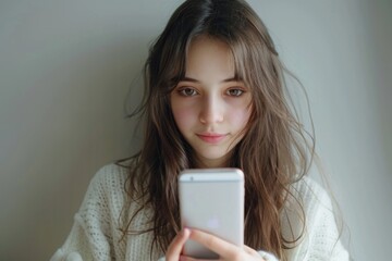 Poster - Woman in white sweater using cell phone