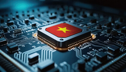 A close-up of a computer chip featuring the Vietnam flag, highlighting Vietnam advancements in technology
