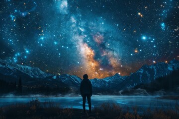 Wall Mural - Person at lakeside under starry sky