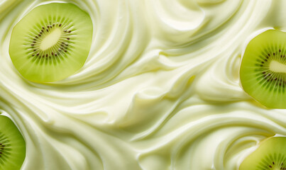 Wall Mural - Yogurt with kiwi slices, top view, fruit background