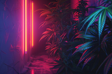 marijuana plants in the dark room with neon lamps and smoke