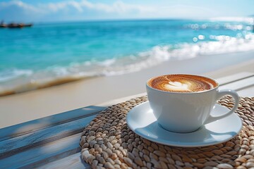 Serene seaside morning with a cup of coffee on a woven mat overlooking a tranquil beach and turquoise sea under a clear blue sky.