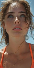 Close Up Portrait of Woman With Blue Eyes Looking Up, Wearing Orange Tank Top. Generative AI