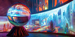 © Lila Patel - The Crystal Baller A shiny crystal ball resting on a velvet stand, projecting images of various futuristic cityscapes onto a curved screen.