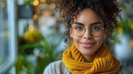 Portrait of a young African American woman wearing glasses and a bright scarf in a bright modern office. Beautiful curly woman works in the office. Work concept. Lifestyle.