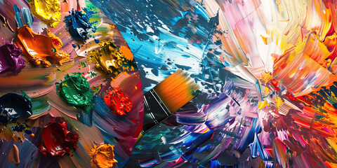 Wall Mural - The Chromatic Canvas: A painter's palette filled with vibrant acrylics, next to an abstract painting that seems to come alive on a digital canvas.